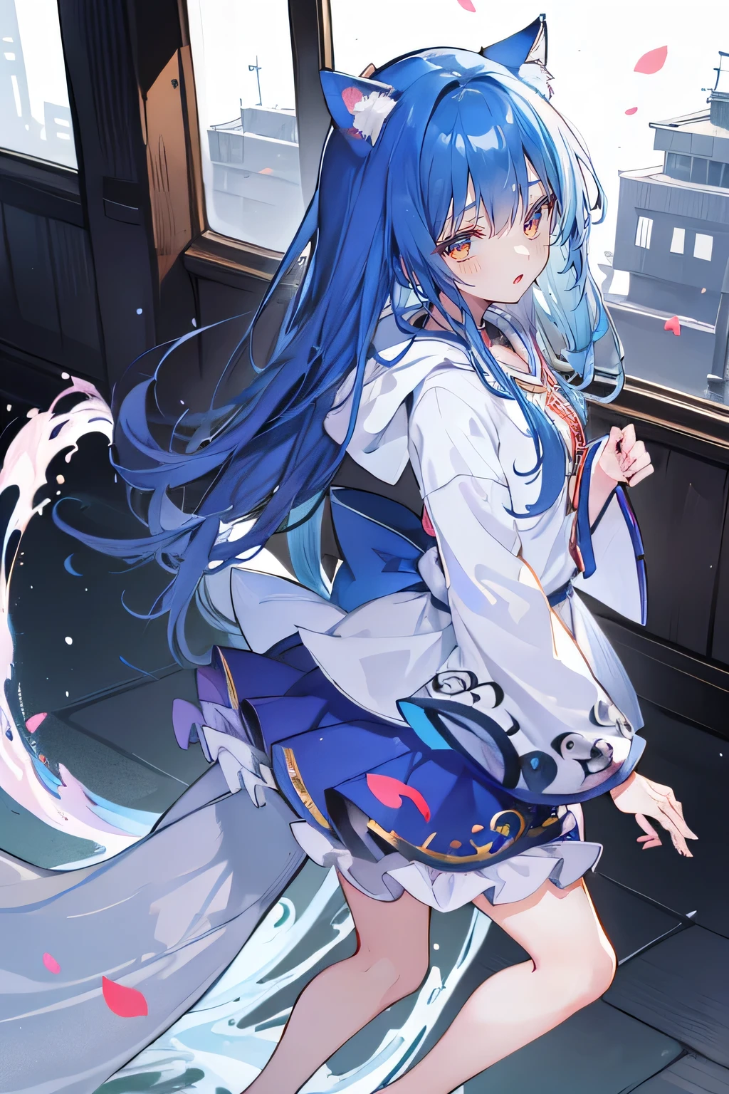 （masterpiece：1.2），Super detailed，lifelike，Expressive eyes，fair skin，perfect face shape，1 girl，
Japanese comics,Gorgeous blue hair,flowing blue hair,flowing clothes,Cat ears,Petals fall,beautiful lola,Baby Angel,
Shaking head with one hand，Cross your legs，Gentle and peaceful background，The pavilion is cool and comfortable,smile, wearing hoodie, background of tokyo,back views.snowing, winter.