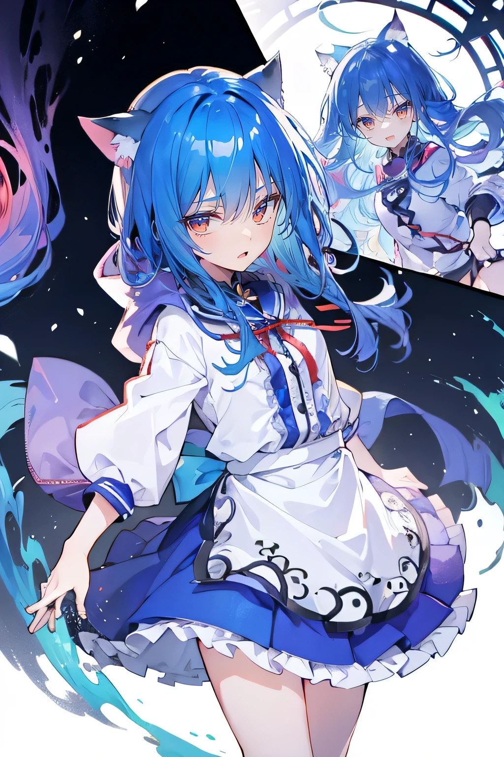 (masterpiece:1.2),Super detailed,lifelike,Expressive eyes,fair skin,perfect face shape,1 girl,
Japanese comics,Gorgeous blue hair,flowing blue hair,flowing clothes,Cat ears,Petals fall,beautiful lola,Baby Angel,
Shaking head with one hand,Cross your legs,Gentle and peaceful background,The pavilion is cool and comfortable,smile, wearing hoodie, background of tokyo,back views.snowing, winter.