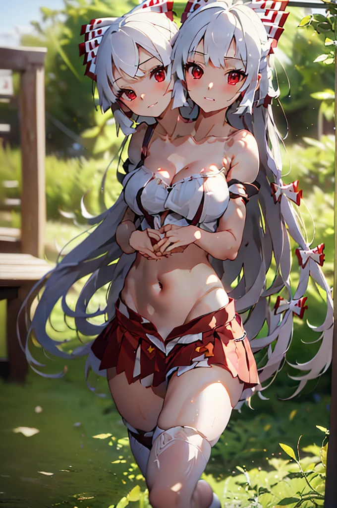 (masterpiece, best quality), best quality, (ultra-detailed), (3heads:1.5), 1girl, (fujiwara no mokou:1.3), masterpiece, top best quality, ultra quality, ultra resolution, ultra detail, white top, crop top, ((stomach)), midriff, ((groin)), red skirt, normal ears, shackles, white hair, very long hair, wavy hair, sidelocks, red eyes, parted lips, bow, sweat, cute, toned belly, hand on own chest, eyelashes, (25 year old woman:1.3), (masterpiece:1.5), (best quality:1.5), (beautiful detailed), extremely detailed CG, extremely delicate and beautiful, depth of field, (finely detailed face), (perfect details:1.3), (mature female:1.3), wide pelvis, slender, large veiny breast, 16k resolution, highres, high quality, high definition, extremely detailed, masterpiece, white hair, long hair, alluring presence, braid, short skirt, close up, big tits, young, nsfw, open belly,
