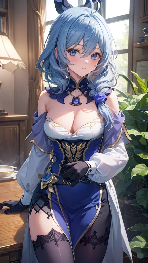 (photorealistic:1.4), (masterpiece, sidelighting, finely detailed beautiful eyes: 1.2), masterpiece*portrait, realistic, 3d face, eula \(genshin impact\), 1girl, ahoge, architecture, By bangs,Bare shoulders,Bell,black glove,(Black tights,light blue hair,Hair pin),Blushlush,Beautiful breasts,Chinese knot,the sleeve,flower knot,middle light blue hair,Look at the audience,middlebreast,Neckbells
