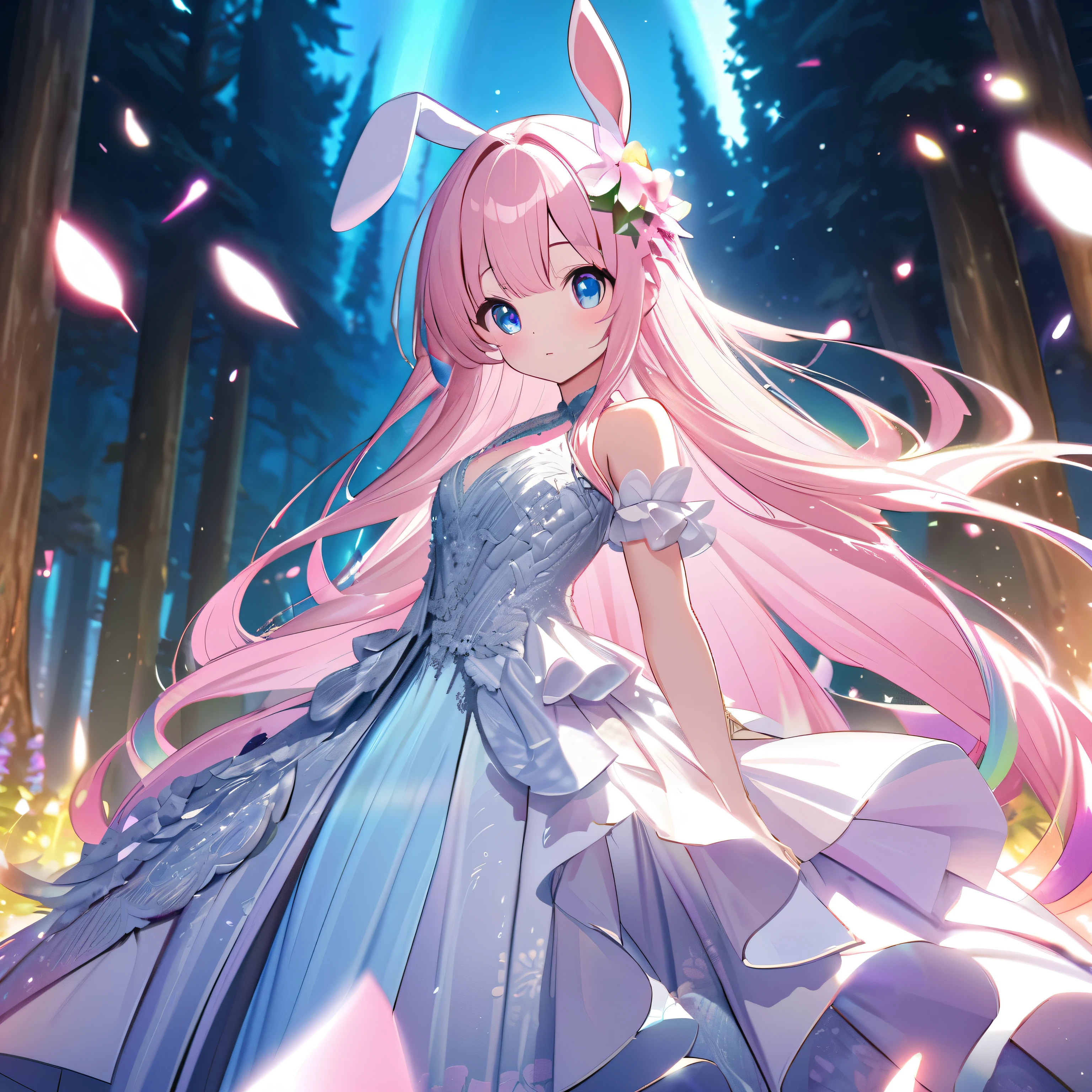 ``Japanese anime character, cute rabbit in pink color, beautiful adorable rabbit wearing an elegant and elaborate Hawaiian dress, the dress must have intricate designs and patterns to give it a luxurious and exclusive look. In the background, the image should depict the richness of the forest, with sunlight reflecting off the trees and illuminated mountains beyond. , emphasize the shimmering effect and rainbow throughout the image. Enhance your look and add special ruffles to your dress to stand out.”