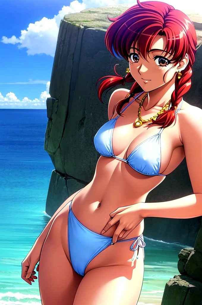 牧field 梨恵(field々People from the village hospital々) makino rie (nonomura byouin no hitobito),masterpiece, best quality, an attractive sexy mature woman wearing a red latex bikini standing on a railing next to the ocean, 1girl, breasts, sexy swimsuit, outdoors, high-leg bikini, solo, under , navel, day, stomach, looking at viewer, ocean, sky, skin-dentation, string bikini, cleavage, beach, side-tie bikini bottom, blue sky, cloud, smile, closed mouth, jewelry, collarbone, bare shoulders, thighs, cowboy shot, strap gap, earrings, necklace,