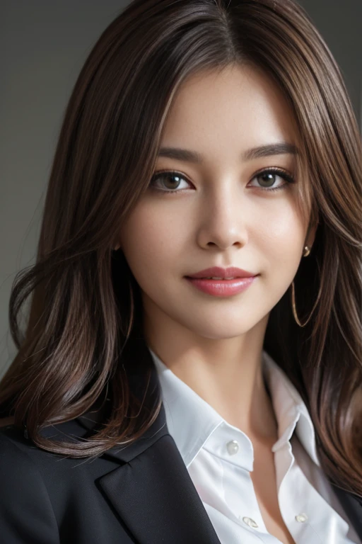 Tabletop, highest quality, Realistic, Very detailed, In detail, High resolution, 8k wallpaper, One beautiful woman,, Light brown messy hair, Wearing a business suit, Sharp focus, Perfect dynamic composition, Beautiful fine details, Fine hair, Detailed and realistic skin texture, smile, Close-up portrait, Model Body Type