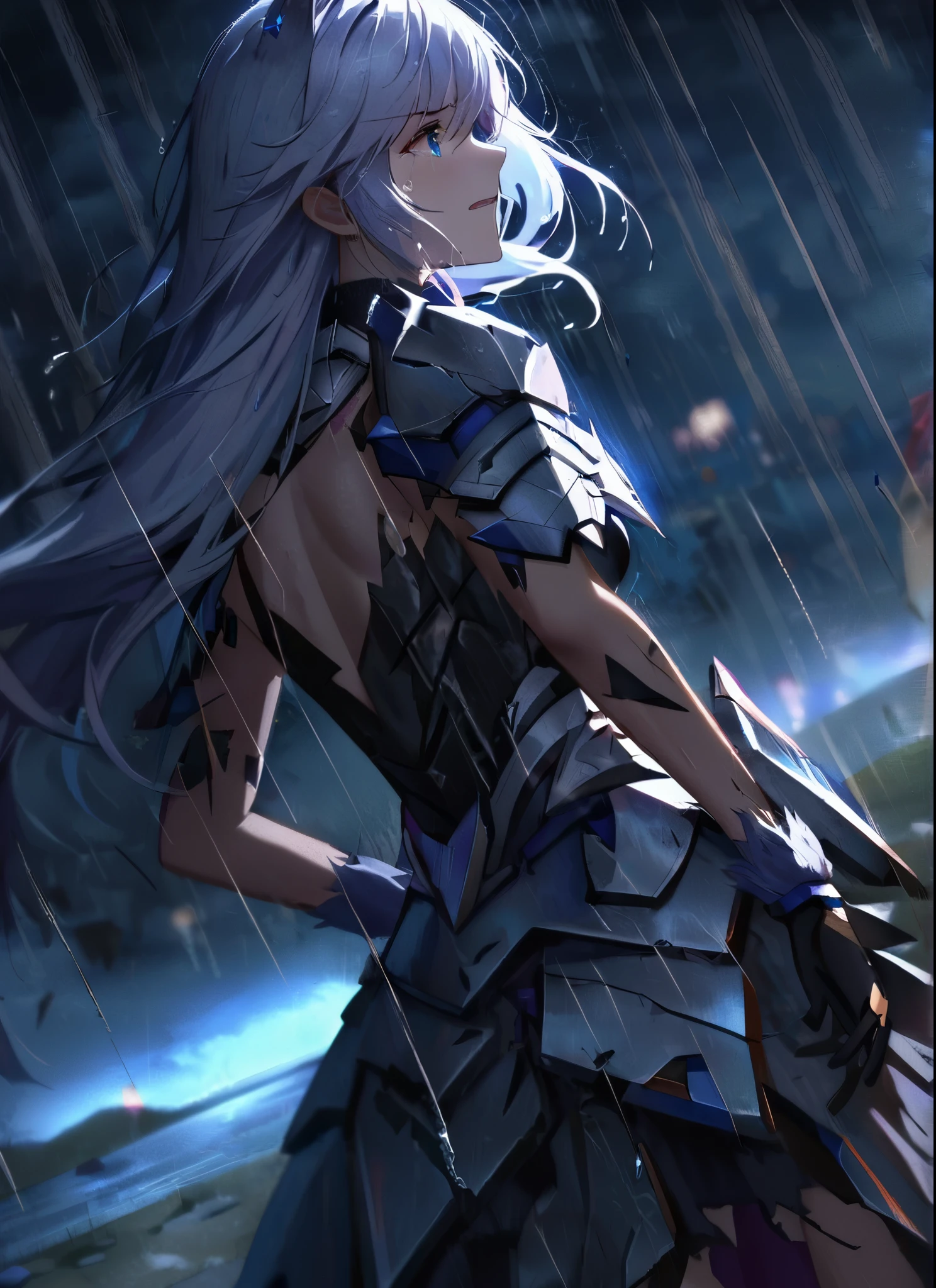 A girl, looking to the sky, wearing a ultra shattered and ultra broken cute skimpy wolf armor,  lot of missing pieces, very damaged armor ,ripped clothes, fur, wolf friend ,tears, sad, dramatic scene, tears flowing in the face, campfield, rain, ultra detailed face, night, moonglow, light of the moon, dramatic pose