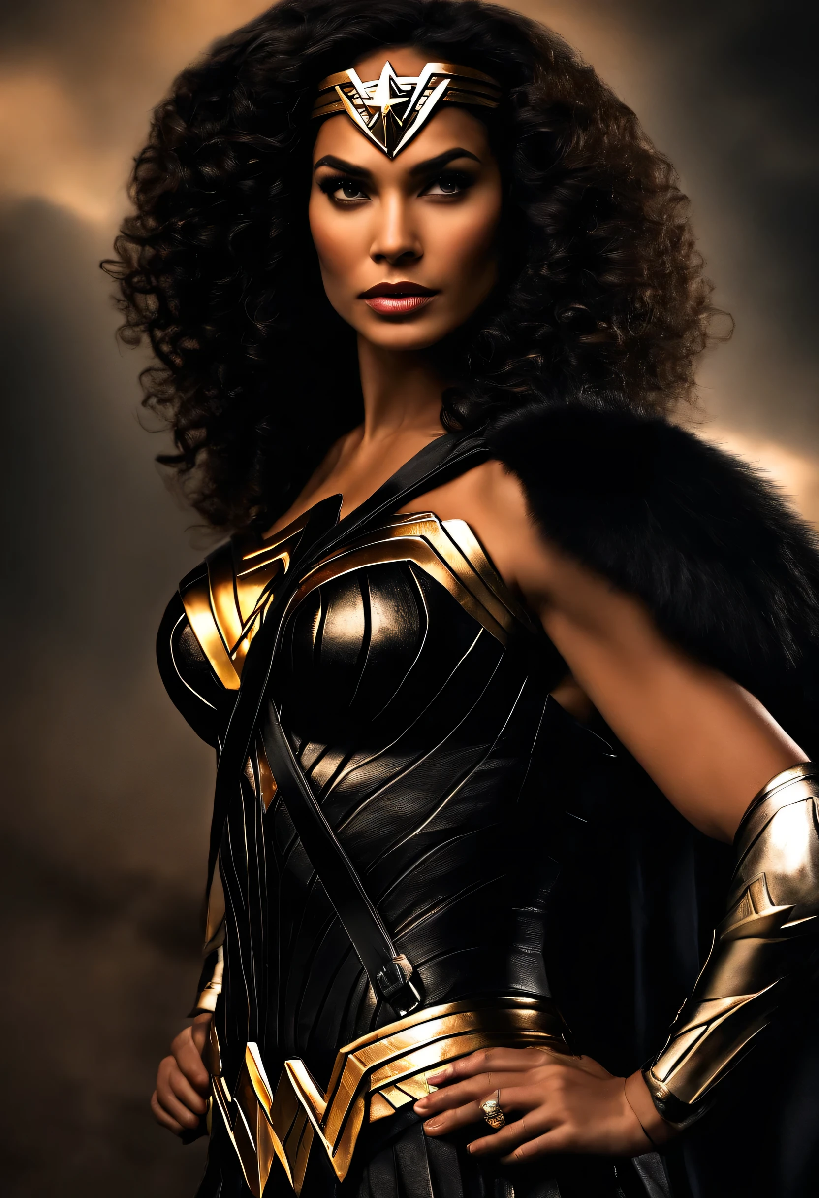 ((((En primer plano el rostro de una hermosa mujer de tez negra)))) under the mantle of the Amazon warrior Wonder Woman, surreal and cinematic image ((Cabello Rubio Afro)),((Tiara)),((Traje actual Wonder Woman pantalla grande))