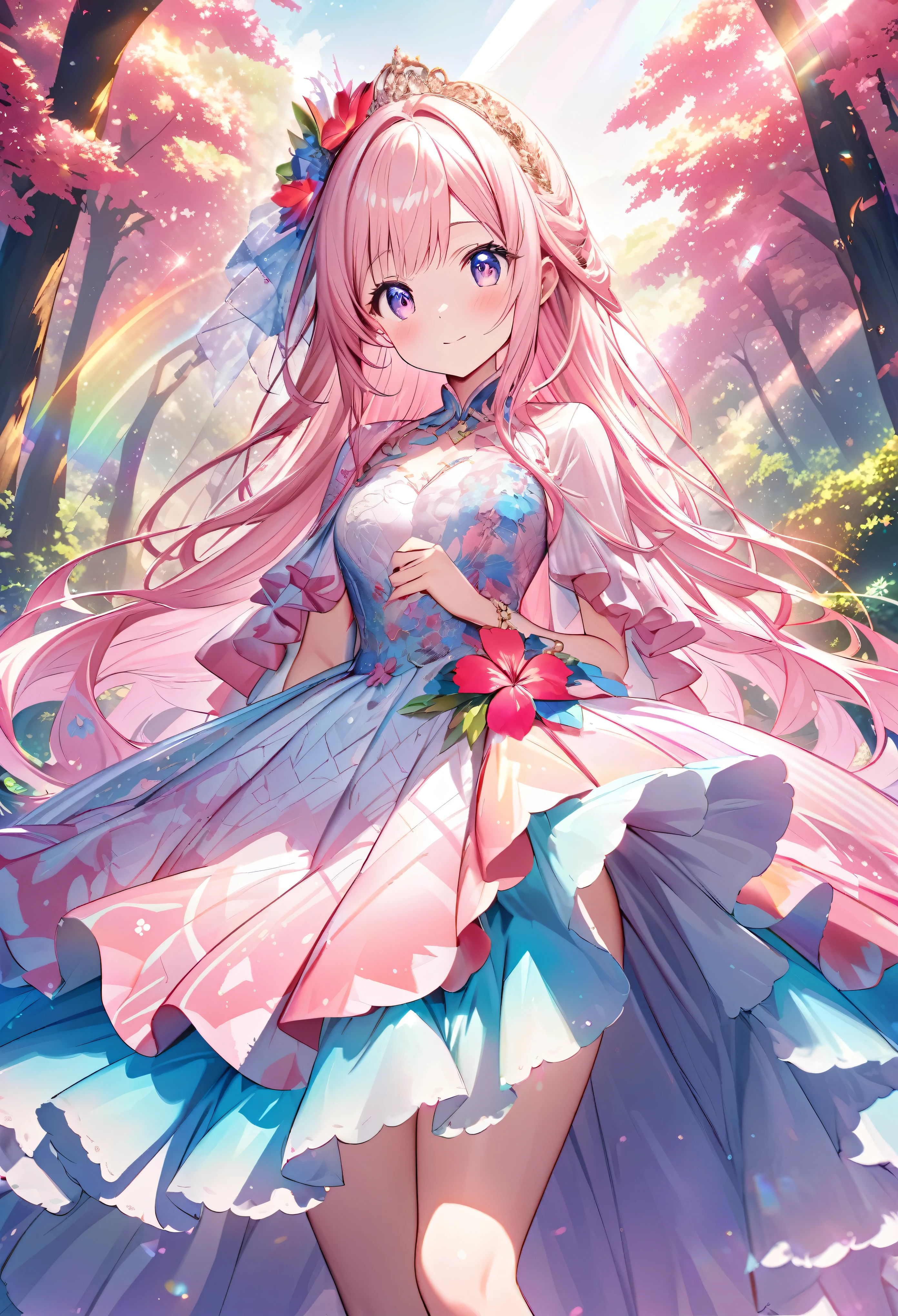 ``Japanese anime character, cute rabbit in pink color, beautiful adorable rabbit wearing an elegant and elaborate Hawaiian dress, the dress must have intricate designs and patterns to give it a luxurious and exclusive look. In the background, the image should depict the richness of the forest, with sunlight reflecting off the trees and illuminated mountains beyond. , emphasize the shimmering effect and rainbow throughout the image. Enhance your look and add special ruffles to your dress to stand out.”