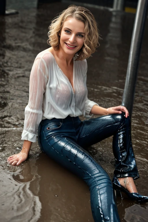 (wide flares on jeans:1.2), (Water-soaked clothing:1.17), (Best Quality,high resolution,bokeh:1.2),two woman,Pronounced wrinkles,platinum blonde hair,((very short frizzy Blunt Textured bob haircut)),Detailed eyes and face,white blouse,(standing:1.0),(big smile), (((sitting in a puddle at night in the pouring rain))), SoakingWetClothes, ((black high heel pumps)), ((show heels)), jeans are wrinkled from wetness, (((wet hair))) , water pouring through clothes and hair,