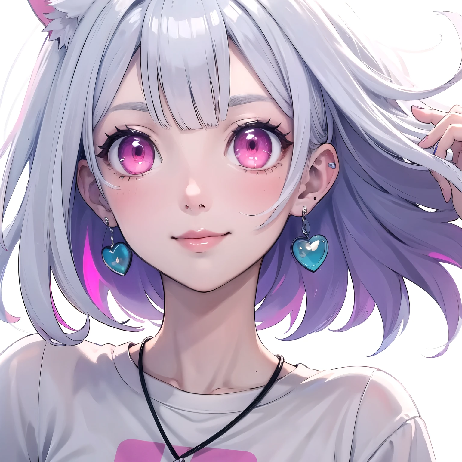 ((best quality)), ((masterpiece)), (detailed), perfect face. White hair. Short hair. Inner pink. Anime girl. Pink eyes. Glowing eyes. Nekomimi. Smile. T-shirt.