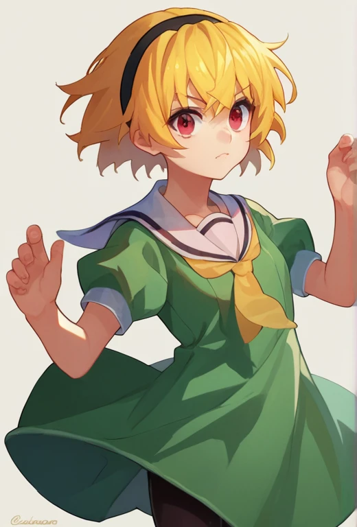 score_9, score_8_up, score_7_up, source_anime, 1girl, SatokoSchool, blonde hair, red eyes, hairband, sailor collar, yellow necktie, green dress, black pantyhose,  