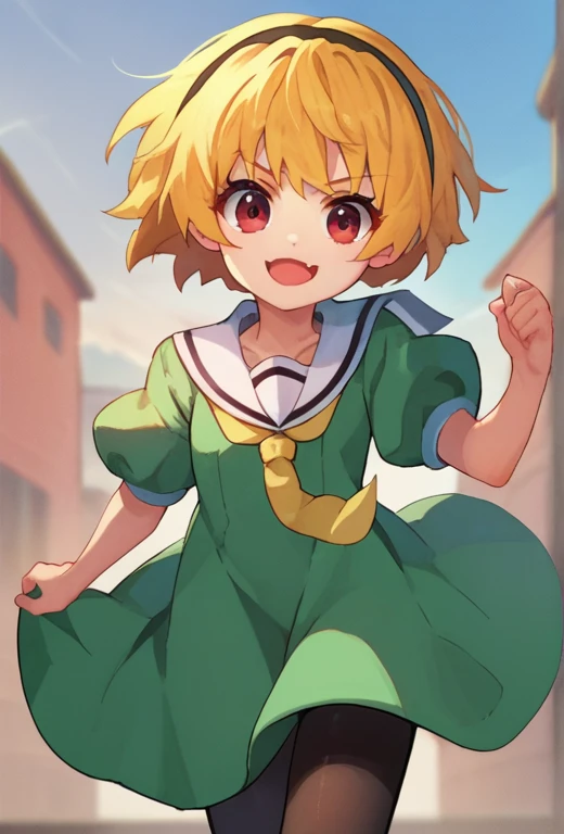 score_9, score_8_up, score_7_up, source_anime, 1girl, SatokoSchool, blonde hair, red eyes, hairband, sailor collar, yellow necktie, green dress, black pantyhose,  