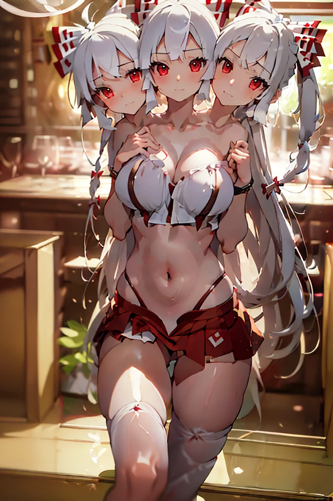 (masterpiece, best quality), best quality, (ultra-detailed), (3heads:1.5), 1girl, (fujiwara no mokou:1.3), masterpiece, top best quality, ultra quality, ultra resolution, ultra detail, white top, crop top, ((stomach)), midriff, ((groin)), red skirt, normal ears, shackles, white hair, very long hair, wavy hair, sidelocks, red eyes, parted lips, bow, sweat, cute, toned belly, hand on own chest, eyelashes, (25 year old woman:1.3), (masterpiece:1.5), (best quality:1.5), (beautiful detailed), extremely detailed CG, extremely delicate and beautiful, depth of field, (finely detailed face), (perfect details:1.3), (mature female:1.3), wide pelvis, slender, large veiny breast, 16k resolution, highres, high quality, high definition, extremely detailed, masterpiece, white hair, long hair, alluring presence, braid, short skirt, close up, big tits, young, nsfw, open belly,
