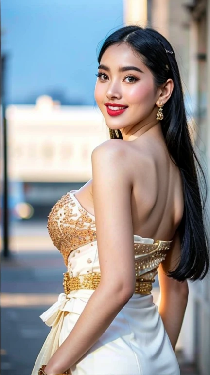 Beautiful girl: Asian, super adorable;
Age: 18-20 years old;
Hair: copper orange, silky, shimmering in the sunlight, detailed;
Skin: ivory white, rosy without blemish;
Eyes: deep black, almond-shaped, seductive, youthful, clear, ultra-detailed, elegant, enticing, sharply made up, realistic, captivating;
Eyelids: graceful, perfectly beautiful;
Eyebrows: curved, sparse, sharp;
Face: beautiful, pure, like a fairy, lightly made up, adorable, perfectly proportioned, beautiful in every detail;
Nose: cute, lovely, high;
Cheeks: prominent;
Lips: charming, lightly red lipstick, lovely gloss;
Teeth: bright, radiant smile, pure white;
Body: full of youthfulness;
Accessories: necklace, earrings, bracelet;
Clothing: silk, exquisite, embroidered with flowers;
Fashion style: upscale, modern 2024, elegant;
Image quality: non-NSFW, 8K CG HD, sharp, superb graphics, professional, detailed, vibrant colors, ultra-smooth, advanced techniques, authentic RAW;
Lighting: complex color combinations, dark golden rays;
Sunlight: sparkling, illuminating the girl's figure;
Background: streets, modern skyscrapers.
(The girl is posing with her back towards the viewer).