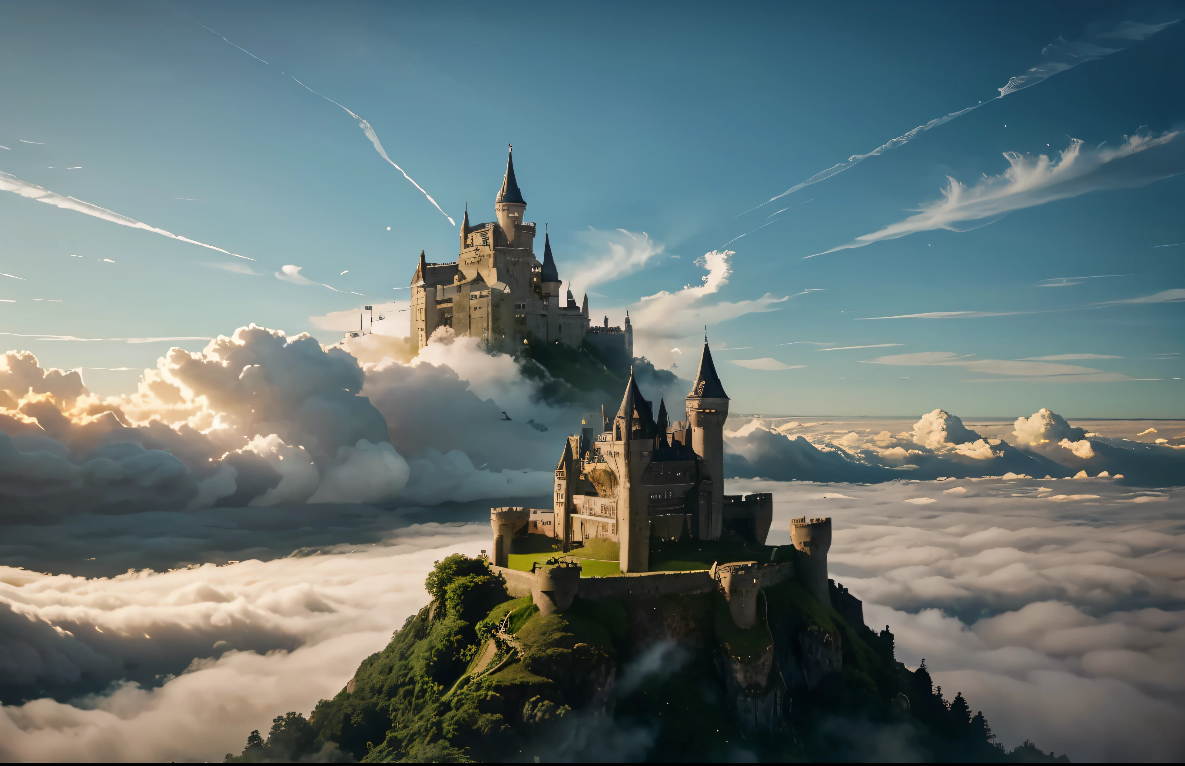 A floating castle among the clouds rises majestically in the sky. Its pointed towers fade into the mist, and the walls are covered with vines and moss. Soft, fluffy clouds surround the castle, as if lovingly embracing it. Sunlight streams through gaps in the clouds, creating golden sparkles on the battlements and windows. In the distance, other cloud formations seem to dance around the castle, like ethereal guardians