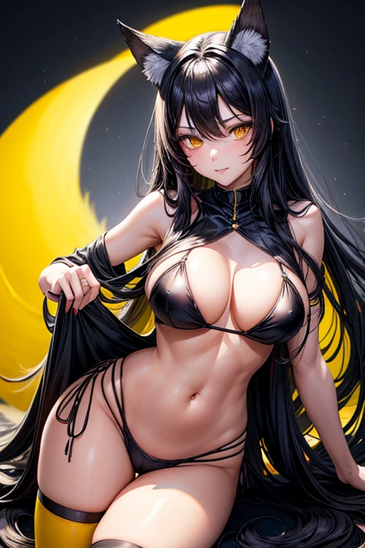 hot girl, beautiful long black hair, bright yellow eyes, sexy black bikini, big but medium breasts, no panties and long black transparent socks, wolf ears,