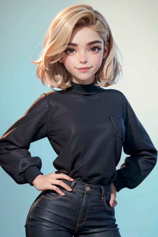(obra maestra), (mejor calidad), (ultra detallado), (cuerpo entero: 1.2) bonito y lindo, capucha, sudadera negra, Monos de punto, pantalones, jaqueta, blusa, sonrisa clara, cuerpo entero, :3, fondo de tono pastel , colorido y sencillo.