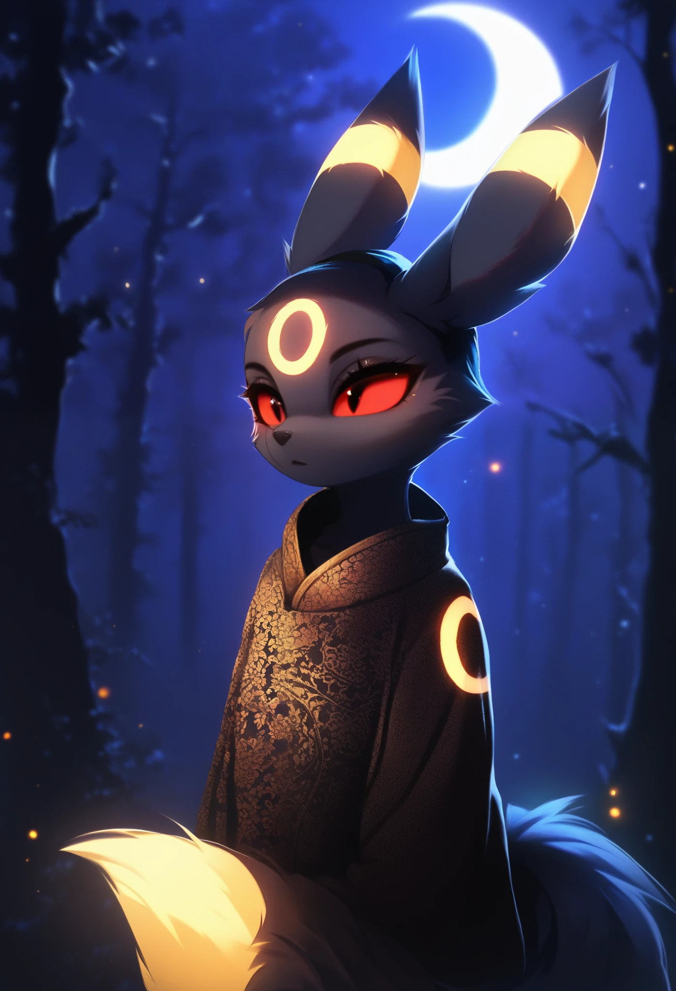 score_9, score_8_up, score_7_up, source_furry, rating_safe, by magnaluna,, 1girl,anthro, umbreon, black body fur, gold markings, pokemon, red eyes, fluffy fur, at night, moonlight, forest, detailed background, best quality, clothing, 1 tail