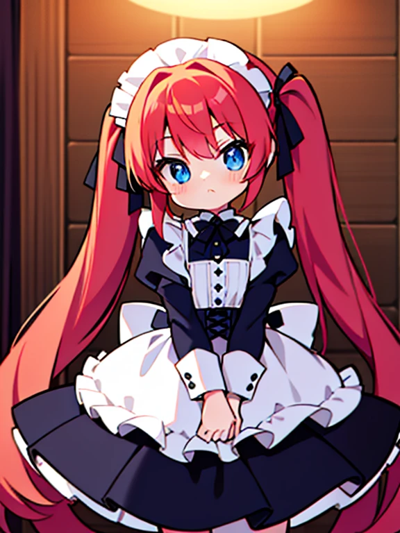 {{highest quality}}, {{masterpiece}}, {{Very detailed}}, {figure}, {Detailed light}, Redhead,blue eyes,Twin tails,Maid, Long Hair, Long sleeve, Gothic, alone, ,,cute