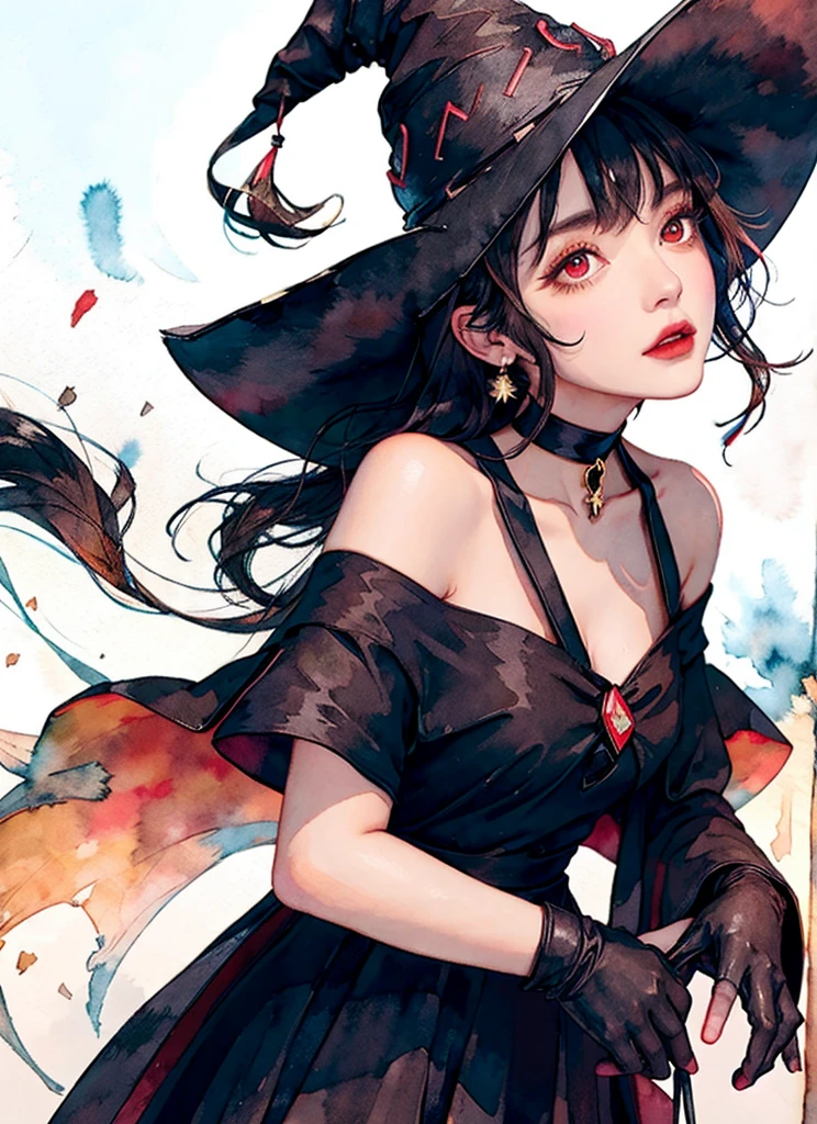akagi shun, megumin, 1girl, bare shoulders, black cape, black gloves, black hair, blush, cape, choker, collarbone, dress, hair between eyes, hat, long sleeves, looking at viewer, medium hair, off-shoulder dress, off shoulder, red dress, red eyes, sidelocks, solo, witch hat,  ((masterpiece)), (watercolor) 