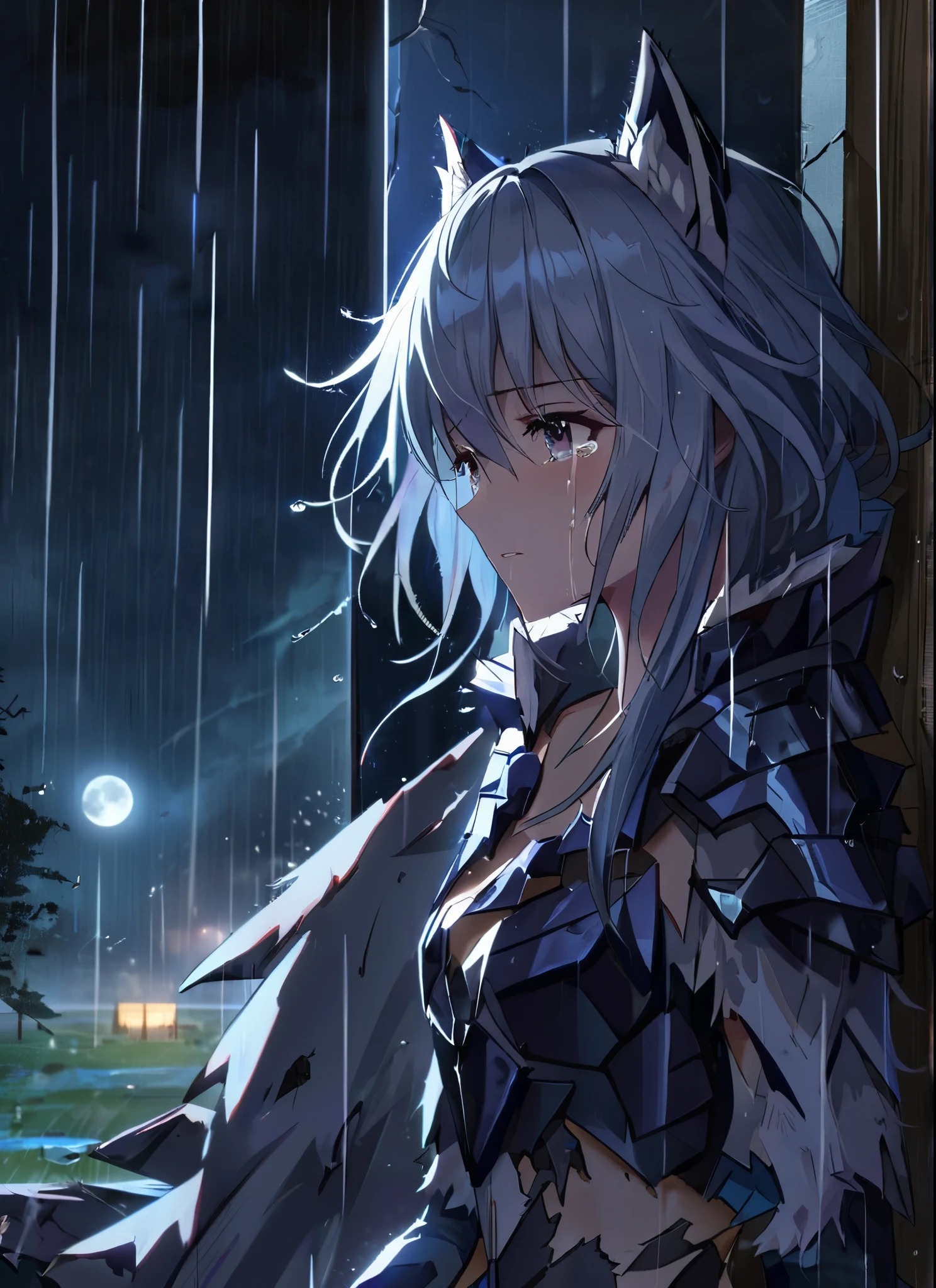 A girl, looking to the sky, wearing a ultra shattered and ultra broken cute skimpy wolf armor,  lot of missing pieces, very damaged armor ,ripped clothes, fur, wolf friend ,tears, sad, dramatic scene, tears flowing in the face, campfield, rain, ultra detailed face, night, moonglow, light of the moon, dramatic pose