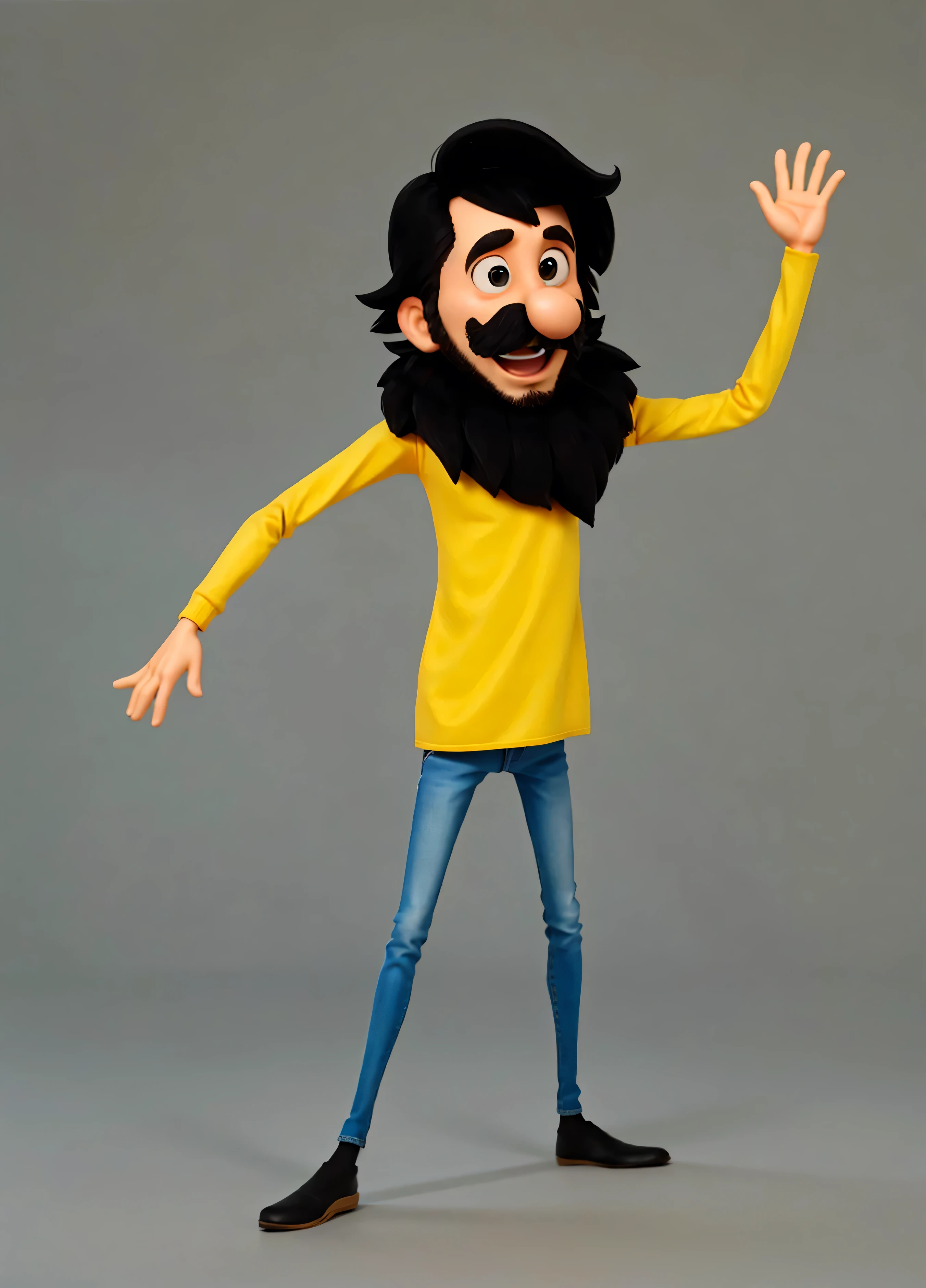 bra-prima,3d, alta qualidade, 1 , corpo inteiro, moletom amarelo, rosto de homem com barba, bigode, nariz grande, estilo disney pixar