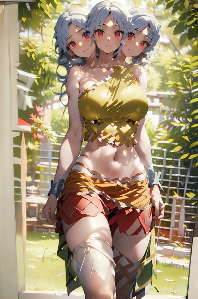 (masterpiece, best quality), best quality, (ultra-detailed), (3heads:1.5), 1girl, (nemuno sakata:1.3), masterpiece, best quality, ultra detail, ultra resolution, ultra detail, yellow/gold and orange top, crop top, ((stomach)), midriff, ((groin)), red skirt, normal ears, shackles, waist-length grey hair, very long hair, wavy hair, sidelocks, red eyes, very detailed eyes, parted lips, sweat, cute, open belly, toned belly, hand on own chest, eyelashes, (24 year old woman:1.3), (masterpiece:1.5), (best quality:1.5), (beautiful detailed extremely detailed CG, extremely delicate and beautiful, depth of field, (finely detailed face), (perfect details:1.2), (mature female:1.4), wide pelvis, slender, large veiny breast, 16k resolution, highres, very high quality, very high definition, extremely detailed, masterpiece, waist-length grey hair, long hair, alluring presence, braid, short skirt, close up, big tits, young,
