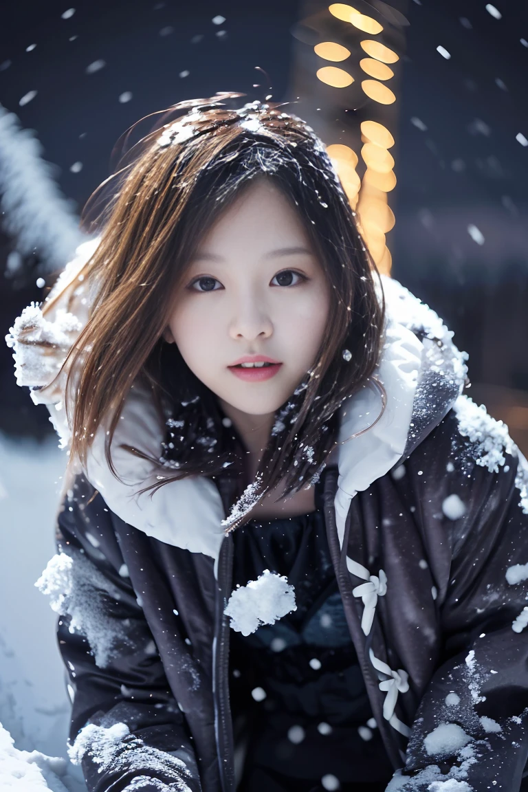 (masterpiece:1.2)、Super detailed、Ultra-high resolution、(Real、写真のようにReal:1.37)、High-resolution RAW color photos、Professional photos、Highly detailed face、Very fine grain、Highly detailed skin、Very fine fingers、Highly detailed nose、Highly detailed mouth、Perfect Anatomy、Highly detailed background、(Small to medium chest)、Brown Hair、White skin、25 year old beautiful girl、whole body、(Open-front puffer coat、Down jacket:1.2)、See-through sexy lingerie、Dark city view、(Snow in the sky:1.6)、City Background、Perm shorthair、Cinematic lighting、