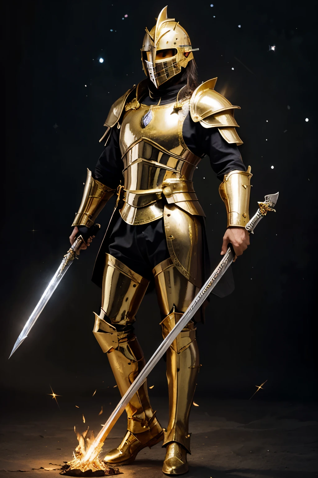 Full view of divine male knight with flame sword and shining gold shield. Background dark with bright stars. Fully cover face with gold divine helmet