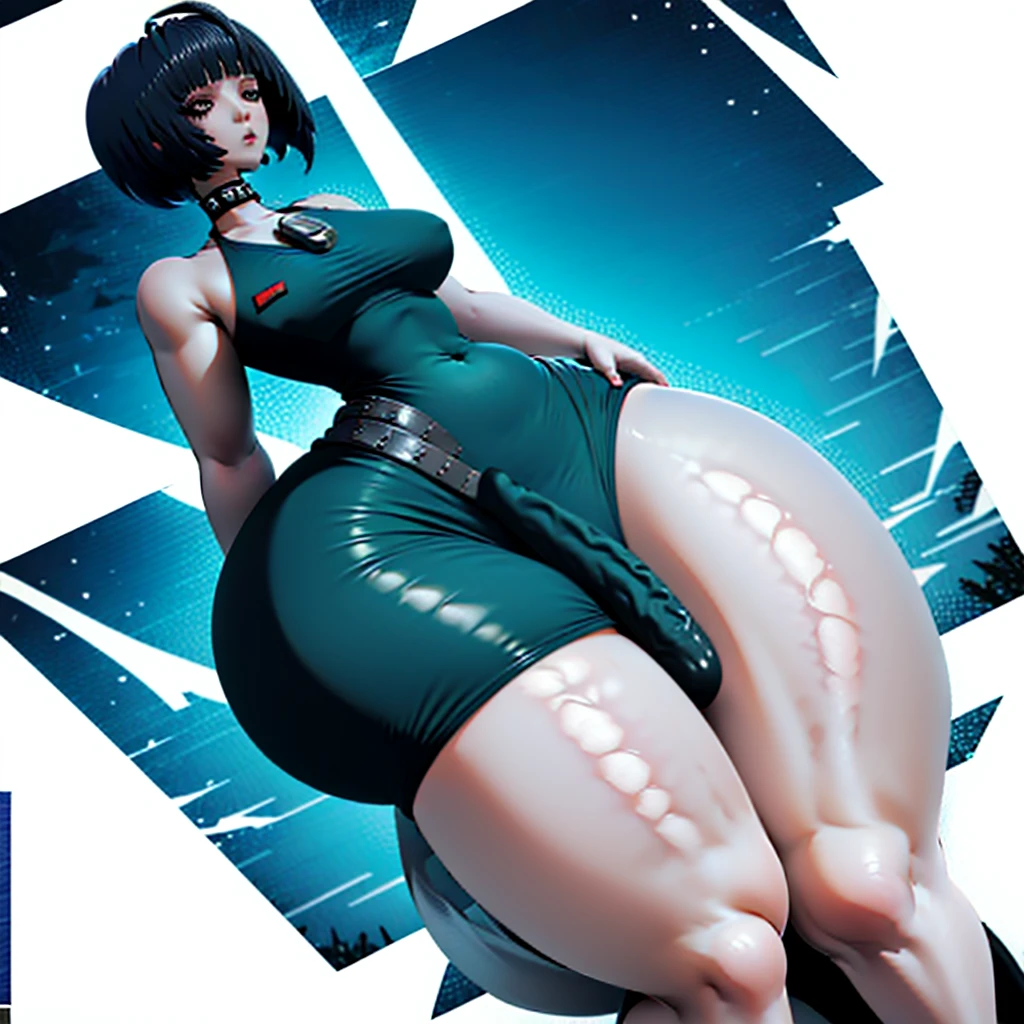 Goth, mommy, horsecock, spiked collar, tae takemi, naked, big dick, thick thighs, heavy breasts, big butt, one woman, small waist, 