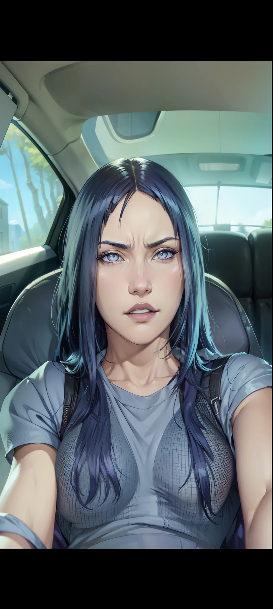Hinata Hyuga, extremamente realista, muito linda, em um carro, cabelo liso