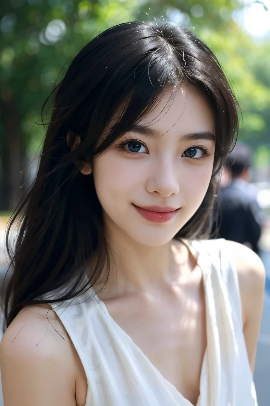(best quality,4K,high resolution,masterpiece:1.4),Ultra Detailed,Very detailed,Clear focus,Surreal:1.4,professional, Human Development Report,Ultra HD,Vibrant colors,Bokeh,Beautiful and delicate eyes,Beautiful and delicate lips,Long eyelashes,Romantic atmosphere,Soft Light,Contrasting light and shadow, Lighting Effects,Full of energy and youthfulness,High nose bridge,Sexy,Black Hair,girl,Smile,charming，Street background，亚洲girl