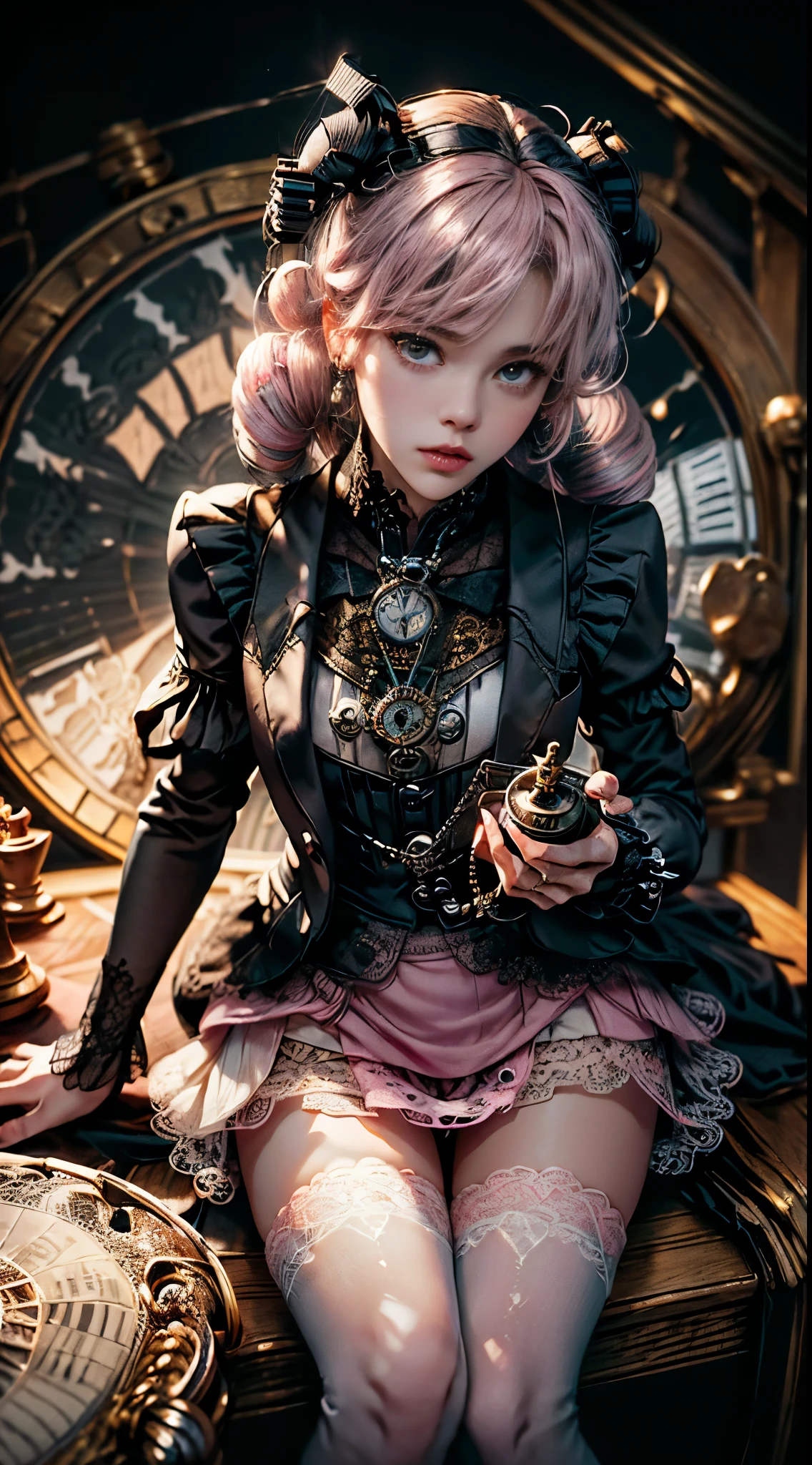 One woman, , (((pastel tuxedo suit with lace, frills and chiffon))), (((flared mini skirt))), (((pink hair))), (((thick bangs))), (((princess cut))), (((twin-tail, twin drill))), (((black lace knee-high socks))), (((pocket watch, afternoon tea, chess))), very deep depth of field, dramatic and very dark cinematic lighting, round face, very large jewel-like dark grey eyes, long eyelashes, thin nose, small mouth, very thin lips, no makeup, clear skin without blemishes, slender body, (((very realistic photos))), (((16K, high resolution))), (((UHD))), (((top quality))), (((masterpiece))), (((super detail))), (((anatomically correct))).