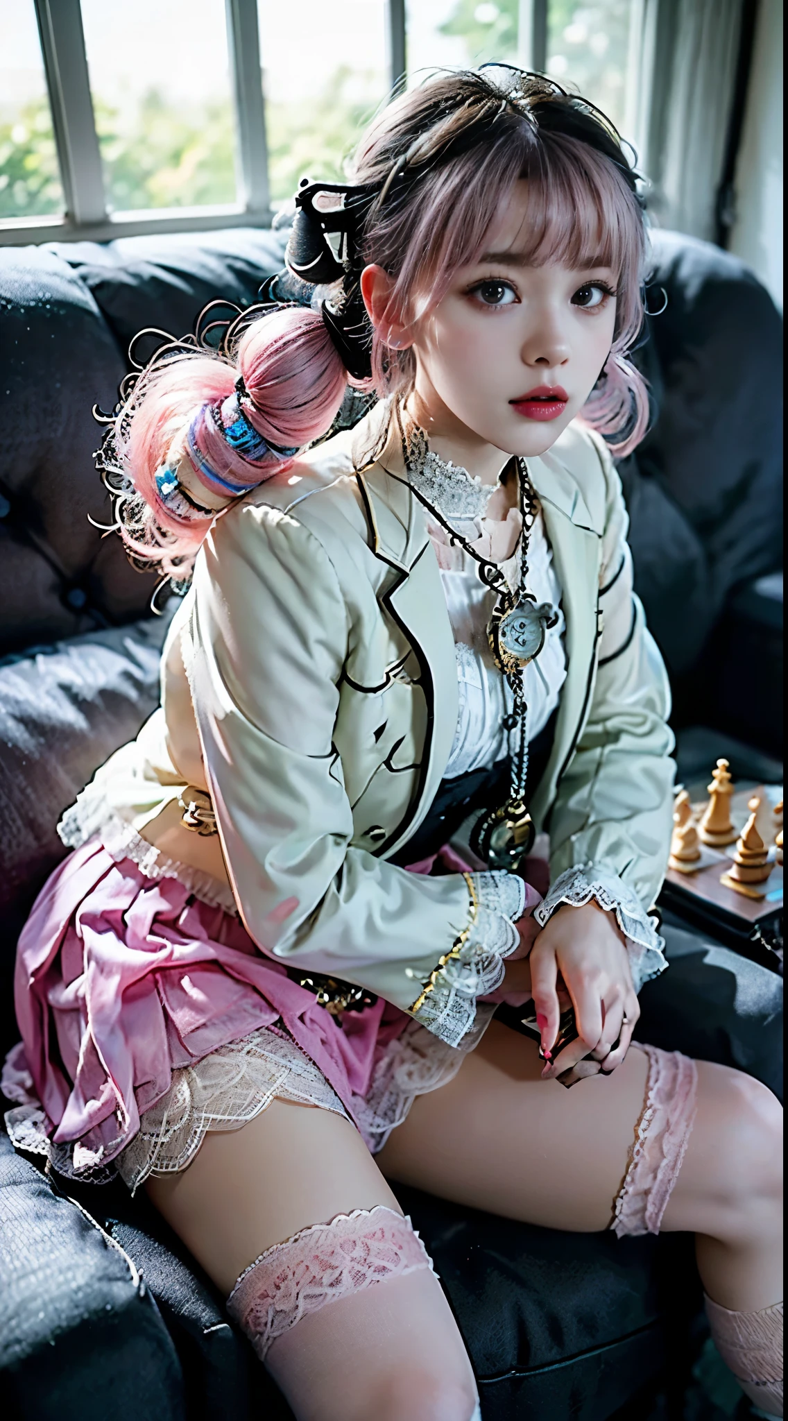 One woman, , (((pastel tuxedo suit with lace, frills and chiffon))), (((flared mini skirt))), (((pink hair))), (((thick bangs))), (((princess cut))), (((twin-tail, twin drill))), (((black lace knee-high socks))), (((pocket watch, afternoon tea, chess))), very deep depth of field, dramatic and very dark cinematic lighting, round face, very large jewel-like dark grey eyes, long eyelashes, thin nose, small mouth, very thin lips, no makeup, clear skin without blemishes, slender body, (((very realistic photos))), (((16K, high resolution))), (((UHD))), (((top quality))), (((masterpiece))), (((super detail))), (((anatomically correct))).