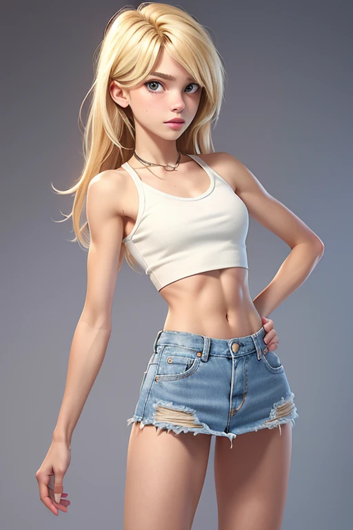 1 age female, (messy blond hair:1.2), slim abs,, slim body , ((petite body:1.3l)), wearing white fitted crop top, denim mini skirt, (standing casually), (portrait)