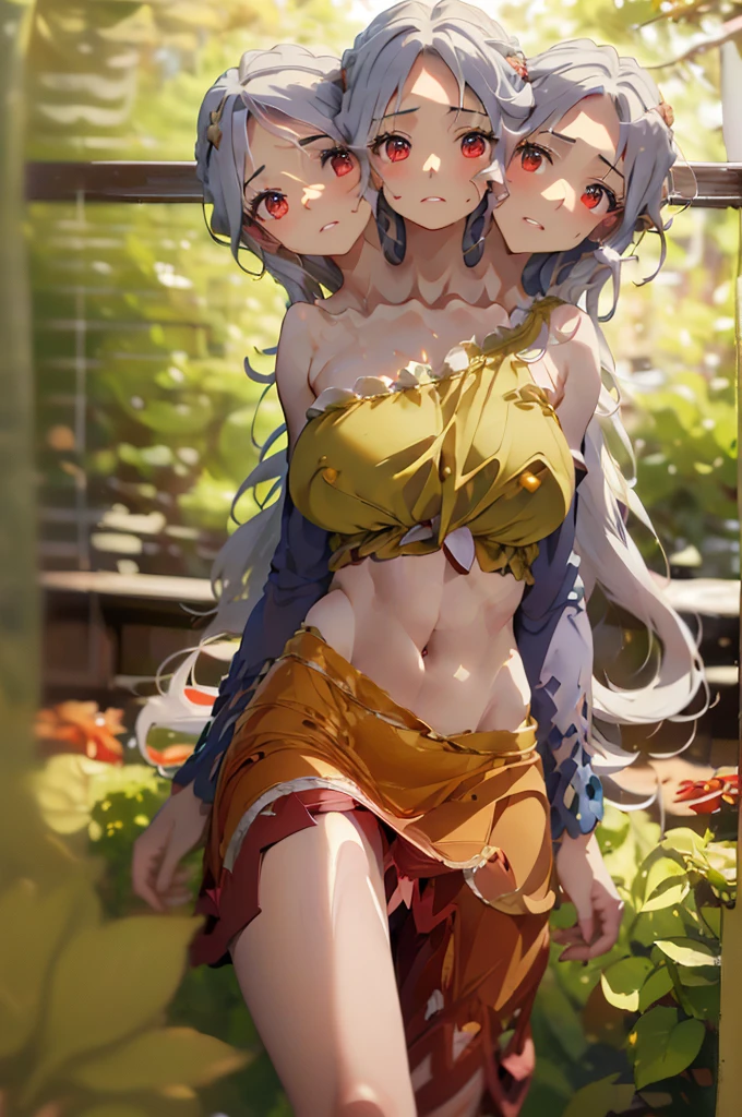 (masterpiece, best quality), best quality, (ultra-detailed), (3heads:1.5), 1girl, (nemuno sakata:1.3), masterpiece, best quality, ultra detail, ultra resolution, ultra detail, yellow/gold and orange top, crop top, ((stomach)), midriff, ((groin)), red skirt, normal ears, shackles, waist-length grey hair, very long hair, wavy hair, sidelocks, red eyes, very detailed eyes, parted lips, sweat, cute, open belly, toned belly, hand on own chest, eyelashes, (24 year old woman:1.3), (masterpiece:1.5), (best quality:1.5), (beautiful detailed extremely detailed CG, extremely delicate and beautiful, depth of field, (finely detailed face), (perfect details:1.2), (mature female:1.4), wide pelvis, slender, large veiny breast, 16k resolution, highres, very high quality, very high definition, extremely detailed, masterpiece, waist-length grey hair, long hair, alluring presence, braid, short skirt, close up, big tits, young,