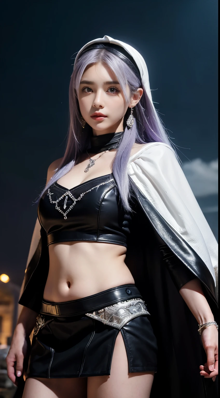 masterpiece,Higher quality,High Detail,Ultra-high resolution,8K resolution,Depth of Field,First-person perspective,The only person,woman,sheik,Thick eyebrows,expressionless,Purple hair big ,White hair,Hoop Earrings,bracelet,Earrings,Necklace,Iron thorns,Leather Skirt,Fur Cape,Combat boots,For the audience,dusk,partly cloudy,Meteor Showers,plateau,canyon,Movie Lighting,Volumetric Light,dusk law,bright sunshine rule