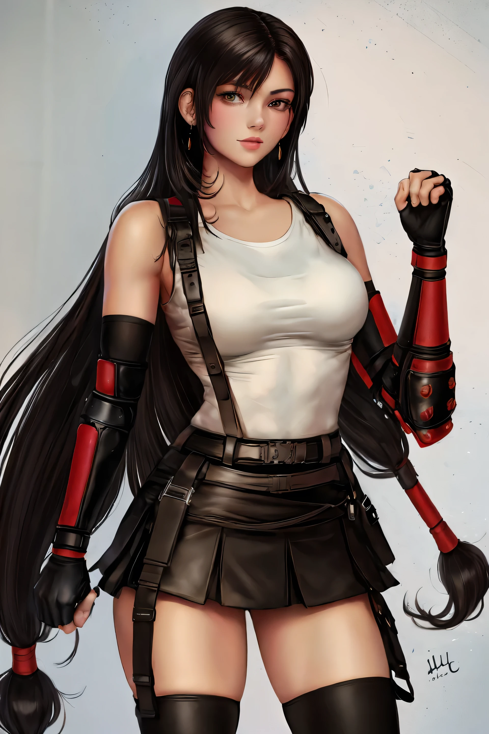 TIFA_REMAKE, LOW-TIED LONG HAIR, WHITE TANK TOP, SUSPENDERS, BLACK SKIRT, BLACK THIGHHIGHS, ELBOW GLOVES, FINGERLESS GLOVES, ELBOW PADS, BELT, BLACK THIGHHIGHS, EARRINGS