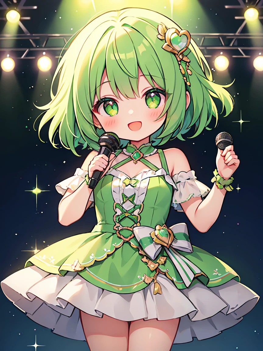 masterpiece, highest quality, One Girl, short hair, , Bright green hair、Eyes are emerald green、Idol Type、Hold the microphone with both hands、Pretty lime green dress、Heart shaped glowing eyes、A smile that will captivate you、Spotlight Light、Sparkling Stage.