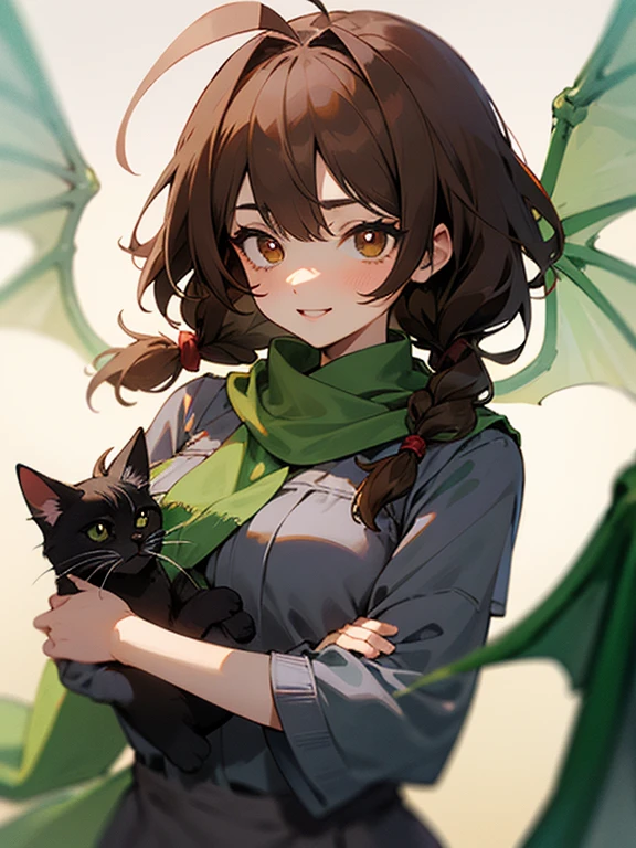 Masterpiece, best quality, expressive eyes, perfect face, 1girl, smilw, brown hair, ahoge, twin braids, brown eyes, cat pupils, green scarf, full bust, sleeve, grey dress, pelvic_curtain, pantyhose, upper_body, green dragon wings