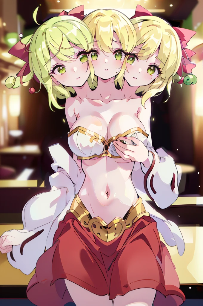 (masterpiece, best quality), best quality, (ultra-detailed), (3heads:1.5), 1girl, (rin satsuki :1.3), masterpiece, (best quality:1.5, highres, UHD), highres, absurdo, ultra detail, ultra quality, Ultra resolution, white top, crop top, ((stomach)), midriff, ((groin)), red skirt, normal ears, shackles, blonde hair, very long hair, wavy hair, sidelocks, green eyes, very detailed eyes, parted lips, sweat, cute, toned belly, hand on own chest, eyelashes, (24 year old woman:1.3), (masterpiece:1.5), (best quality:1.5), (beautiful detailed extremely detailed CG, extremely delicate and beautiful, depth of field, (finely detailed face), (perfect details:1.2), (mature female:1.4), wide pelvis, slender, large veiny breast, 16k resolution, highres, very high quality, very high definition, extremely detailed, masterpiece, blonde hair, long hair, alluring presence, braid, short skirt, close up, big , young, red bow,