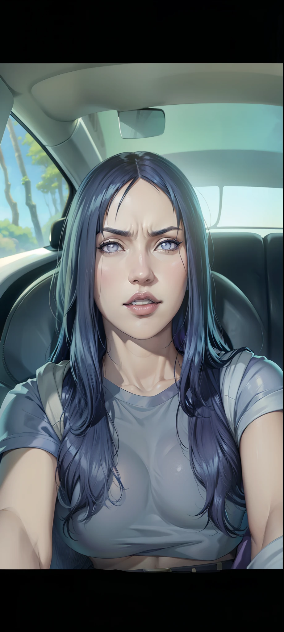 Hinata Hyuga, extremamente realista, muito linda, em um carro, cabelo liso