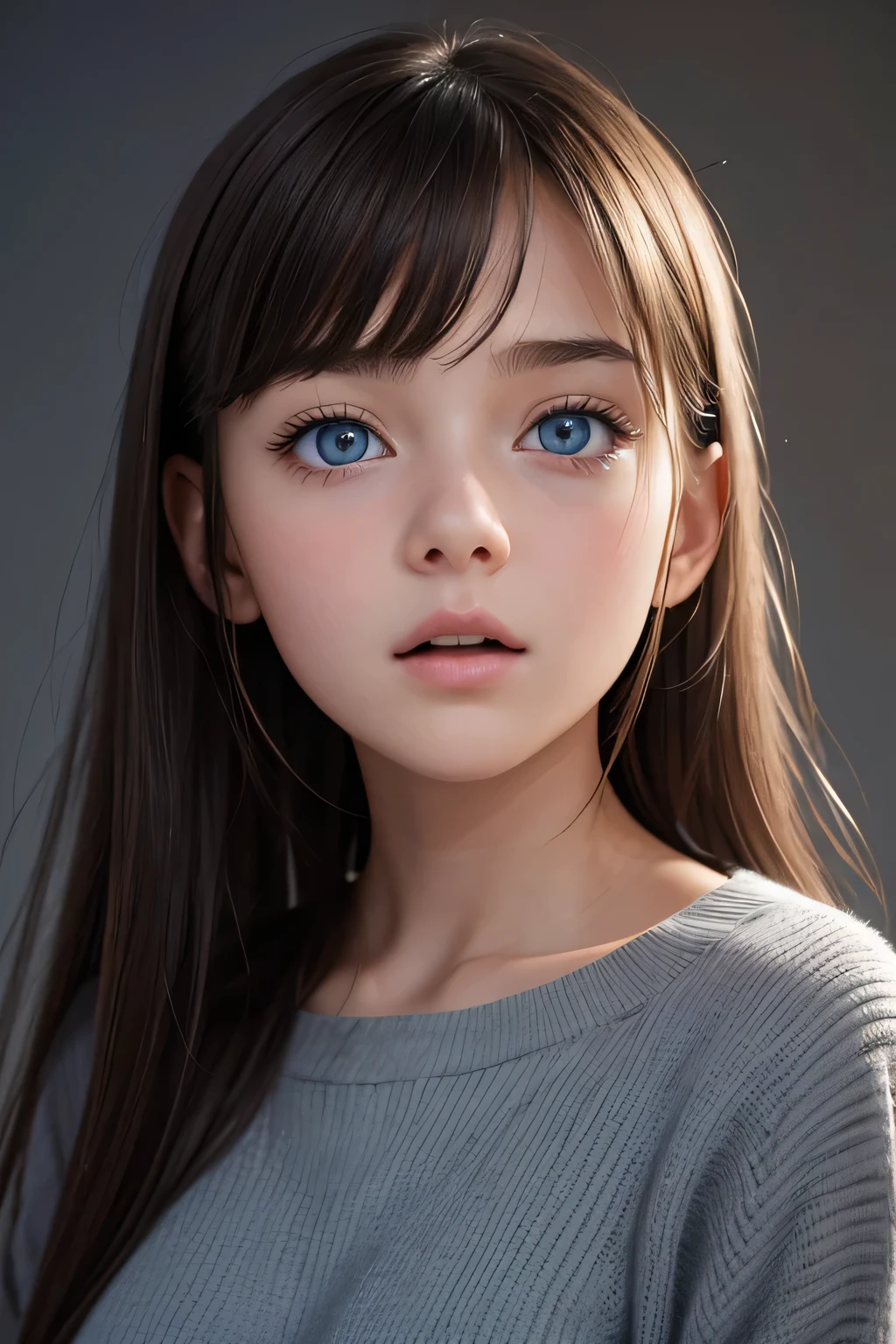 looking at the audience, Cinema lighting, perfect, soft light, High resolution skin:1.2, Realistic skin texture, 18 years old girl、graceful beautiful face, an Europian face、No makeup，blue sad eyes, dark brown hair、hair parted in the middle, open mouth, gray background、resolute expression