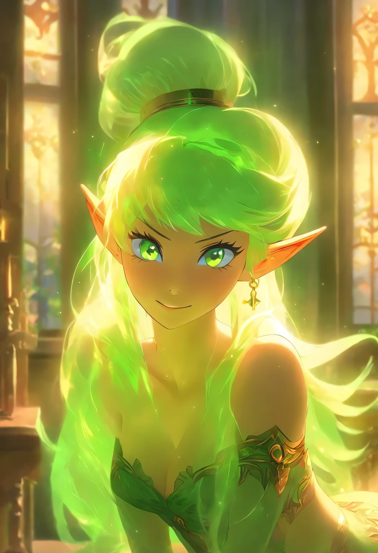 Hourglass Elf Portrait (long white hair behind the ears, Straight bangs), (necklace, Earrings), (Glowing Eyes, Green Eyes), (Captivating smile:1.3), eye contact, (Black embroidered lingerie), Cleavage, Near the window, Sit cross-legged on a chair, Bedroom, (morning), God&#39;s Rays, Ray Tracing, highest quality, 16k, masterpiece