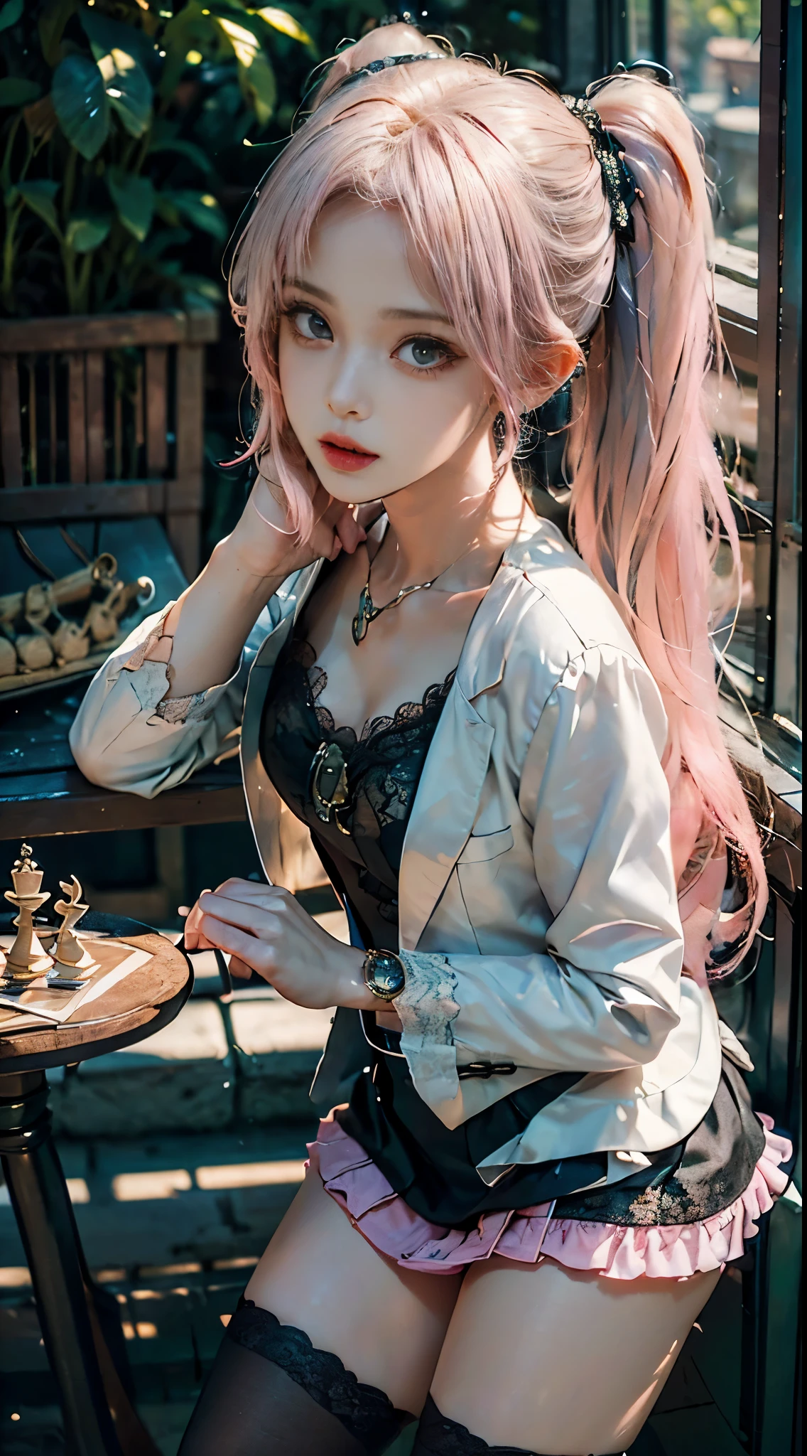 One woman, 14 years old, (((pastel tuxedo suit with lace, frills and chiffon))), (((flared mini skirt))), (((pink hair))), (((thick bangs))), (((princess cut))), (((twin-tail, twin drill))), (((black lace knee-high socks))), (((pocket watch, afternoon tea, chess))), very deep depth of field, dramatic and very dark cinematic lighting, round face, very large jewel-like dark grey eyes, long eyelashes, thin nose, small mouth, very thin lips, no makeup, clear skin without blemishes, slender body, (((very realistic photos))), (((16K, high resolution))), (((UHD))), (((top quality))), (((masterpiece))), (((super detail))), (((anatomically correct))).