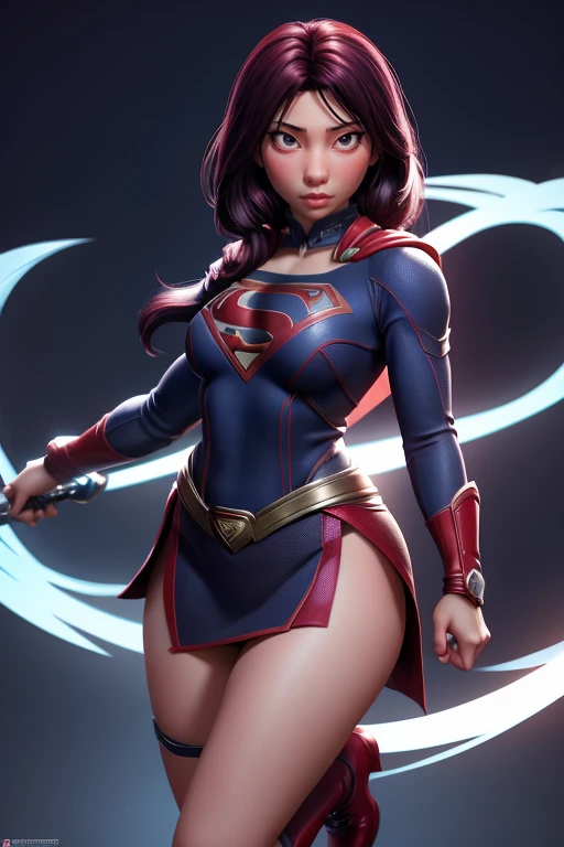 sexy Supergirl cabello largo y rubio y ojos azules, diadema negra, top corto blanco, mangas cortas, capa roja, blue pencil skirt, botas rojas, guantes blancos