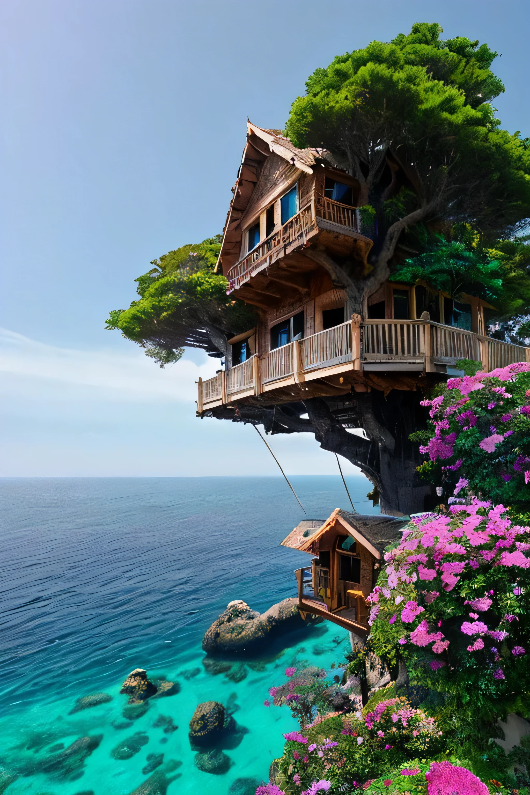 Perfection The Coolest tree house on a large rock in the middle of the sea with flowers in front of the house and trees on both sides of the house