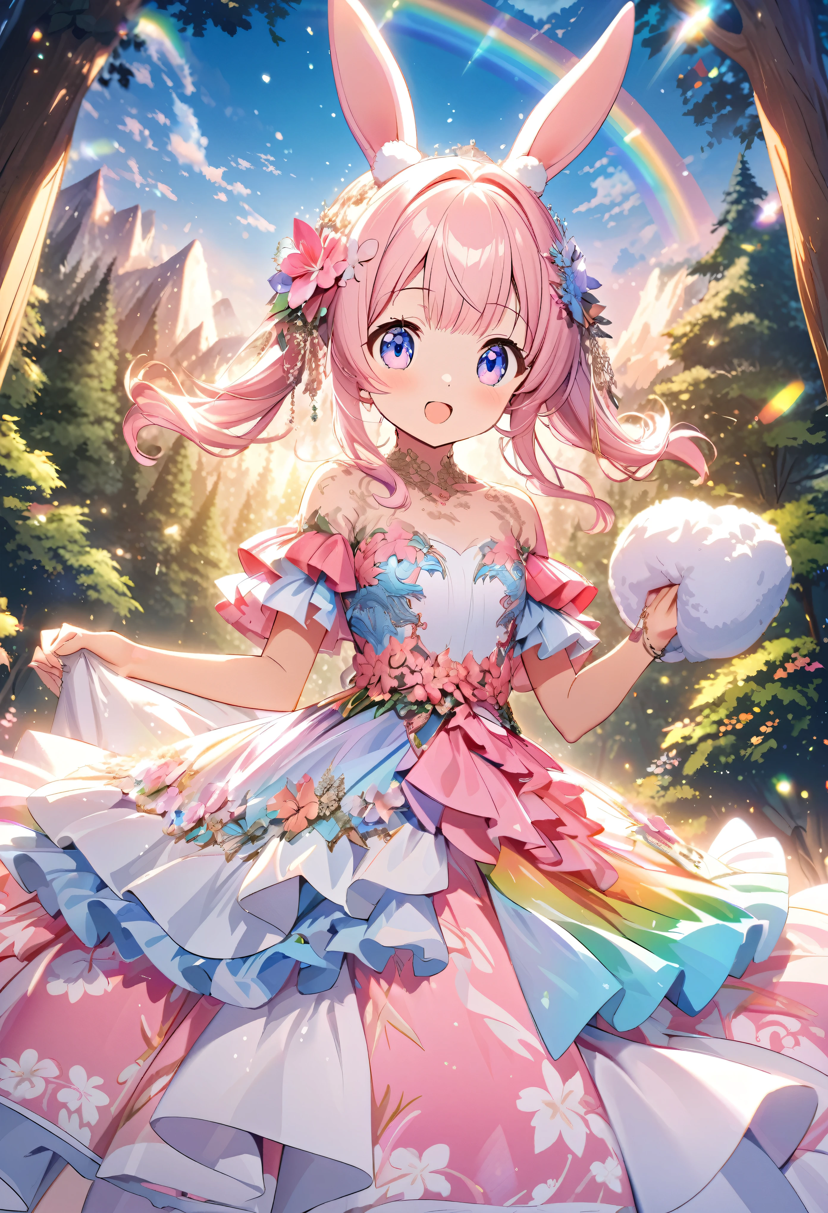 ``Japanese anime character, cute rabbit in pink color, beautiful adorable rabbit wearing an elegant and elaborate Hawaiian dress, the dress must have intricate designs and patterns to give it a luxurious and exclusive look. In the background, the image should depict the richness of the forest, with sunlight reflecting off the trees and illuminated mountains beyond. , emphasize the shimmering effect and rainbow throughout the image. Enhance your look and add special ruffles to your dress to stand out.”