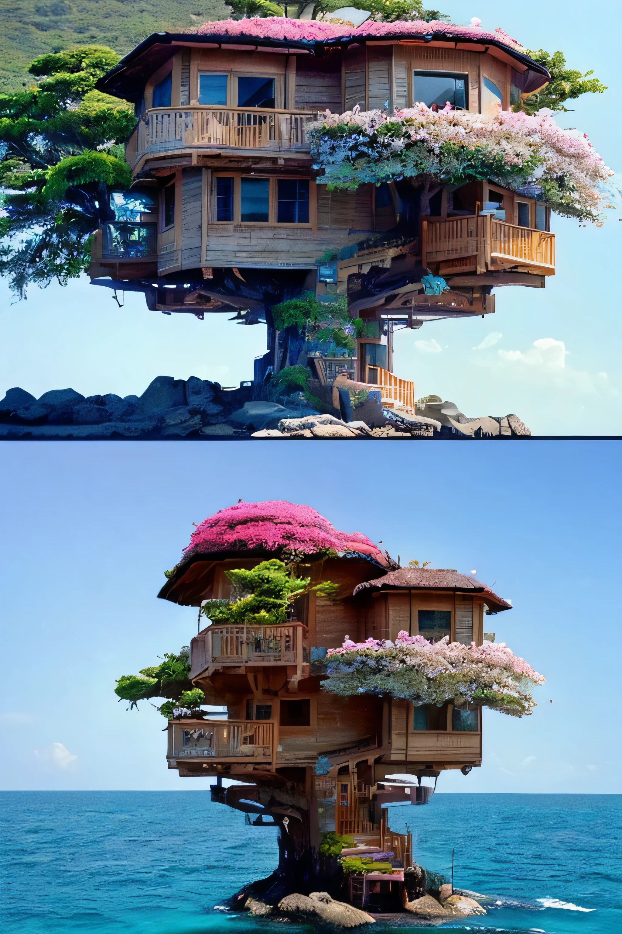 Perfection The Coolest tree house on a large rock in the middle of the sea with flowers in front of the house and trees on both sides of the house