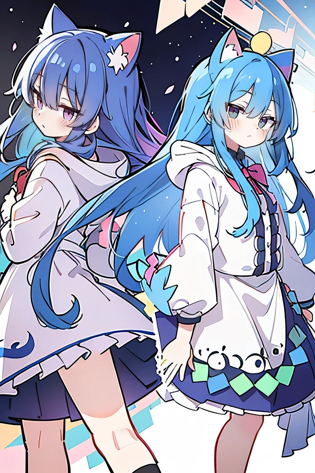 (masterpiece:1.2),Super detailed,lifelike,Expressive eyes,fair skin,perfect face shape,1 girl,
Japanese comics,Gorgeous blue hair,flowing blue hair,flowing clothes,Cat ears,Petals fall,beautiful lola,Baby Angel,
Shaking head with one hand,Cross your legs,Gentle and peaceful background,The pavilion is cool and comfortable,smile, wearing hoodie, background of tokyo,back views.snowing, winter.