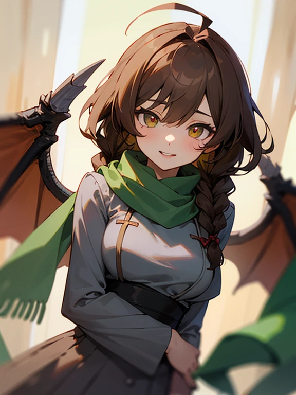 Masterpiece, best quality, expressive eyes, perfect face, 1girl, smilw, brown hair, ahoge, twin braids, brown eyes, cat pupils, green scarf, full bust, sleeve, grey dress, pelvic_curtain, pantyhose, upper_body, green dragon wings, milf, mature female, 