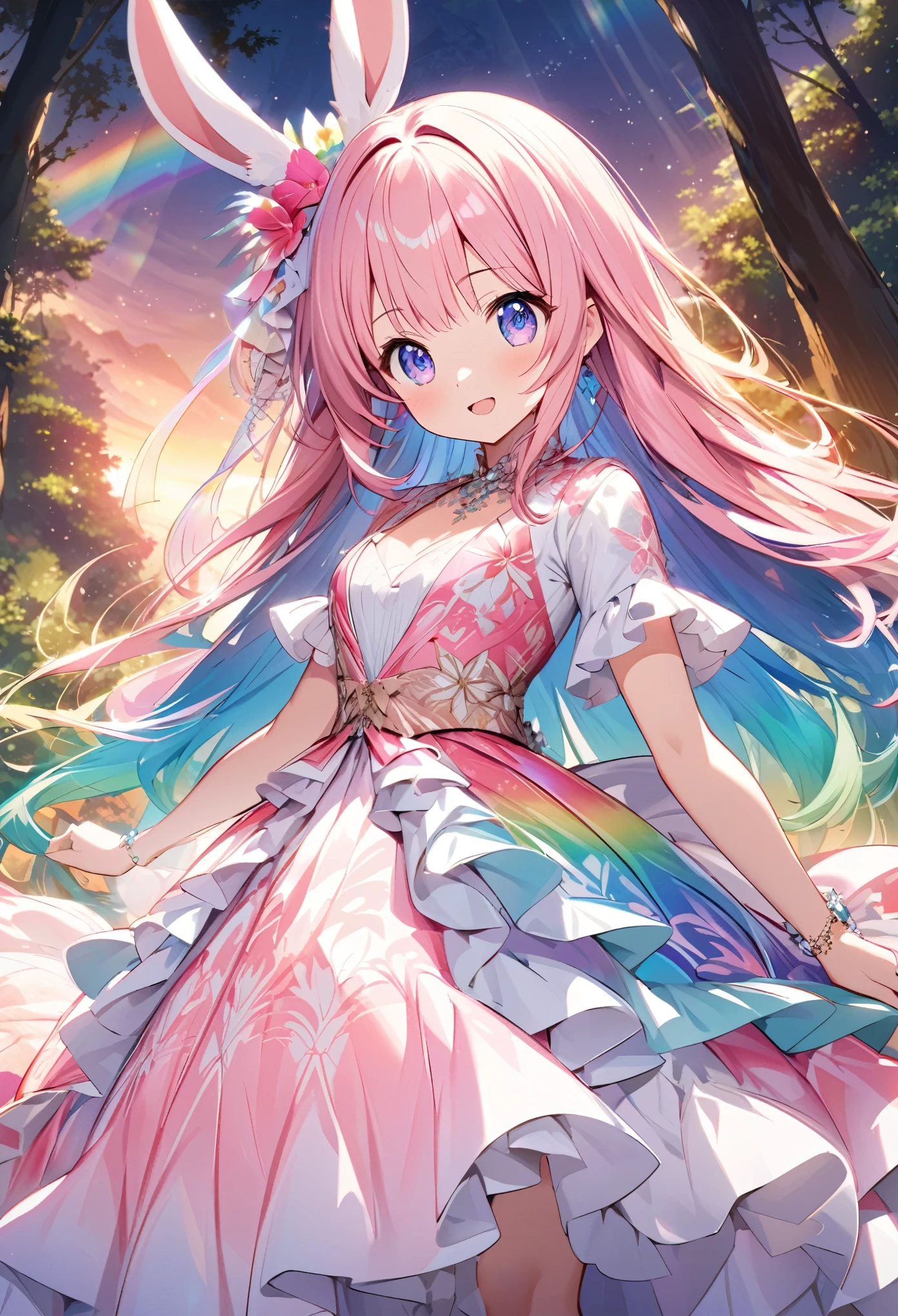 ``Japanese anime character, cute rabbit in pink color, beautiful adorable rabbit wearing an elegant and elaborate Hawaiian dress, the dress must have intricate designs and patterns to give it a luxurious and exclusive look. In the background, the image should depict the richness of the forest, with sunlight reflecting off the trees and illuminated mountains beyond. , emphasize the shimmering effect and rainbow throughout the image. Enhance your look and add special ruffles to your dress to stand out.”